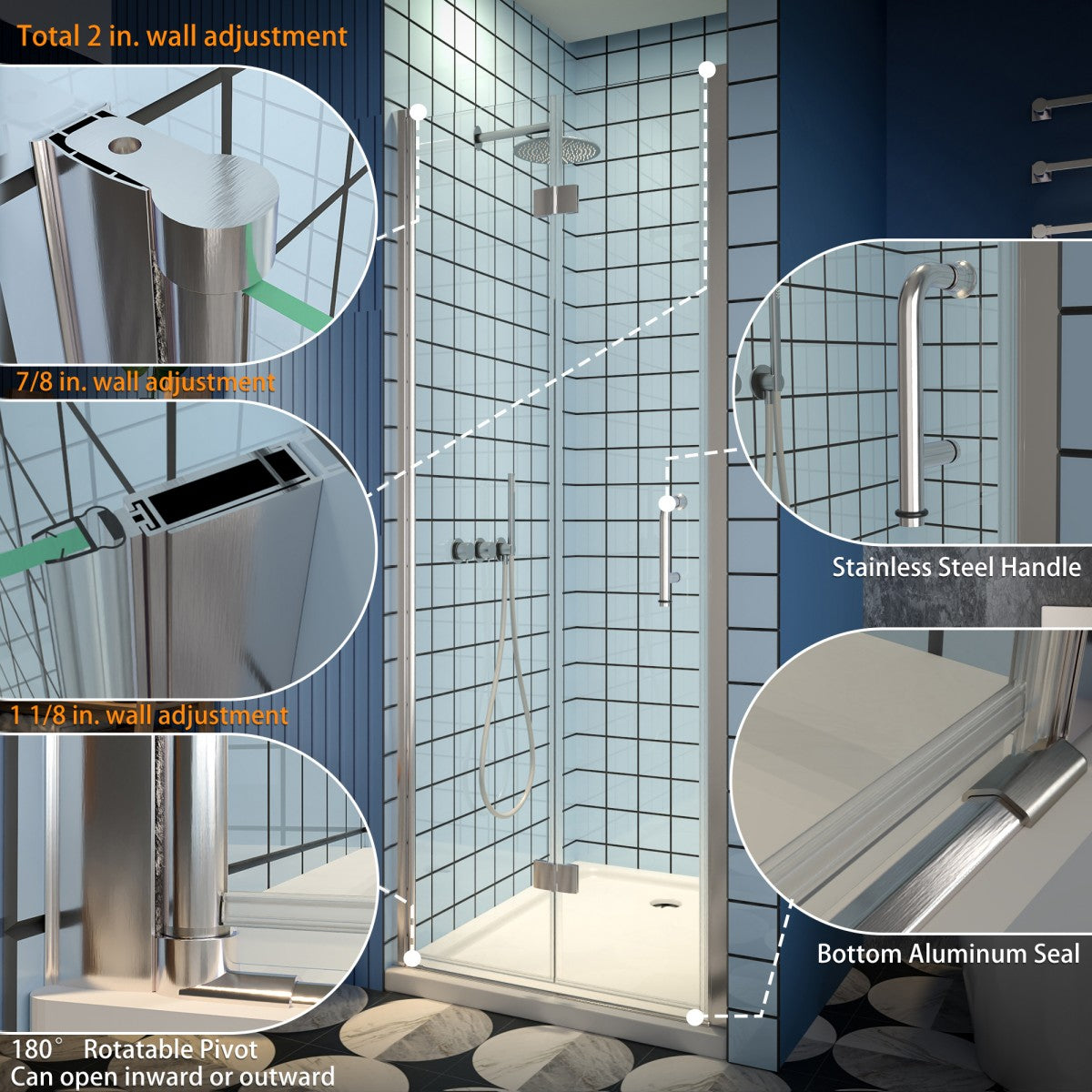 Exbrite Adapt Bifold Shower Door in brushed nickel finish with clear tempered glass, featuring pivot swing mechanism, stainless steel handle, and aluminum seal.