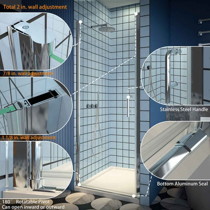 Classy 32-34" W x 72" H Pivot Shower Door Semi-Frameless Hinged in Chrome Install Glass Shower Door