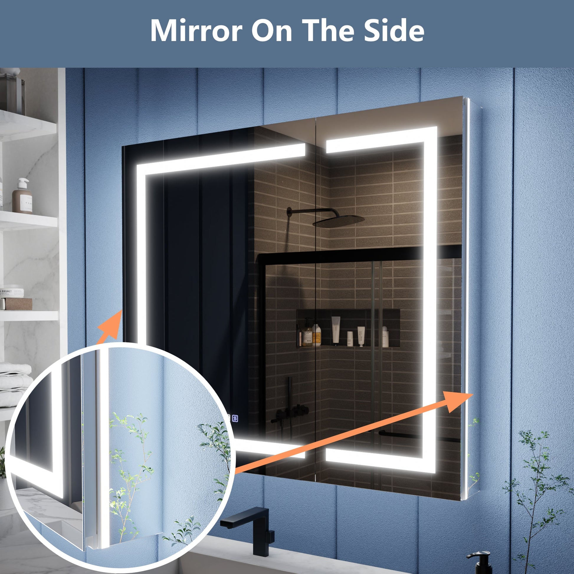 Bathroom mirror with LED lighting on a blue wall, with a close-up inset showing the light.