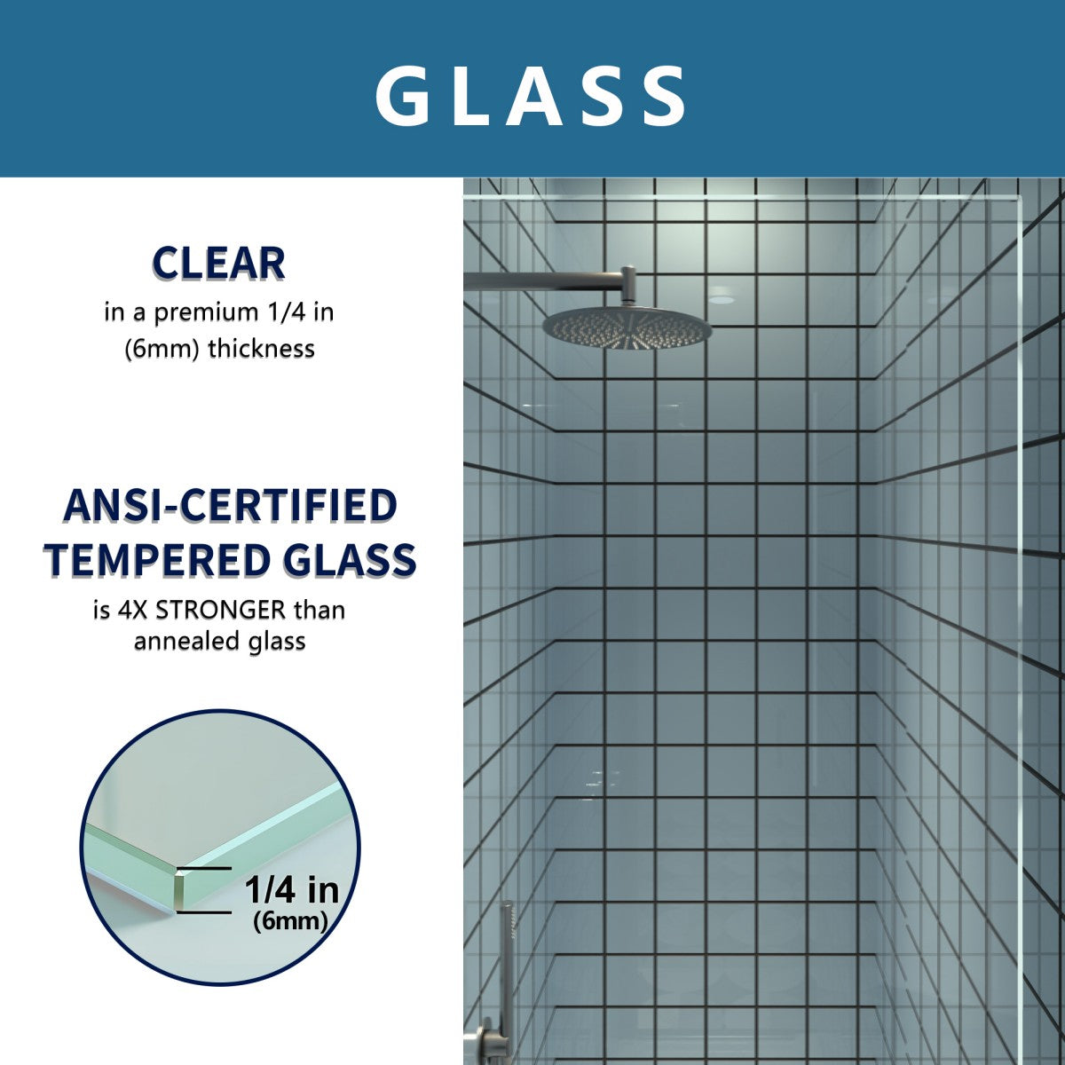 Classy 24-26" W x 72" H small shower door with chrome finish, hinged pivot, and clear ANSI-certified tempered glass.