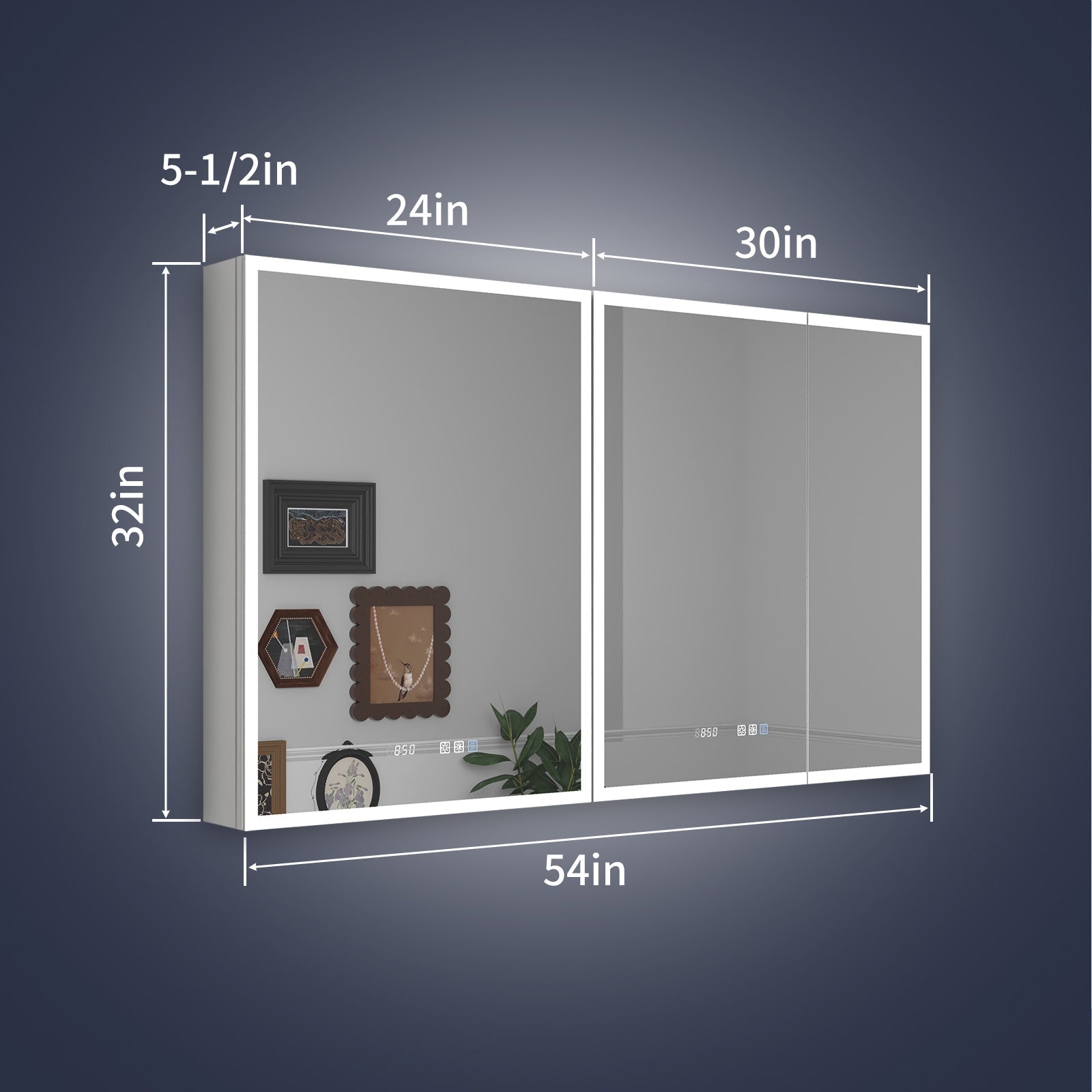 Rim 54" W x 32" H LED Lighted Medicine Cabinet Recessed or Surface with mirrors - ExBriteUSA