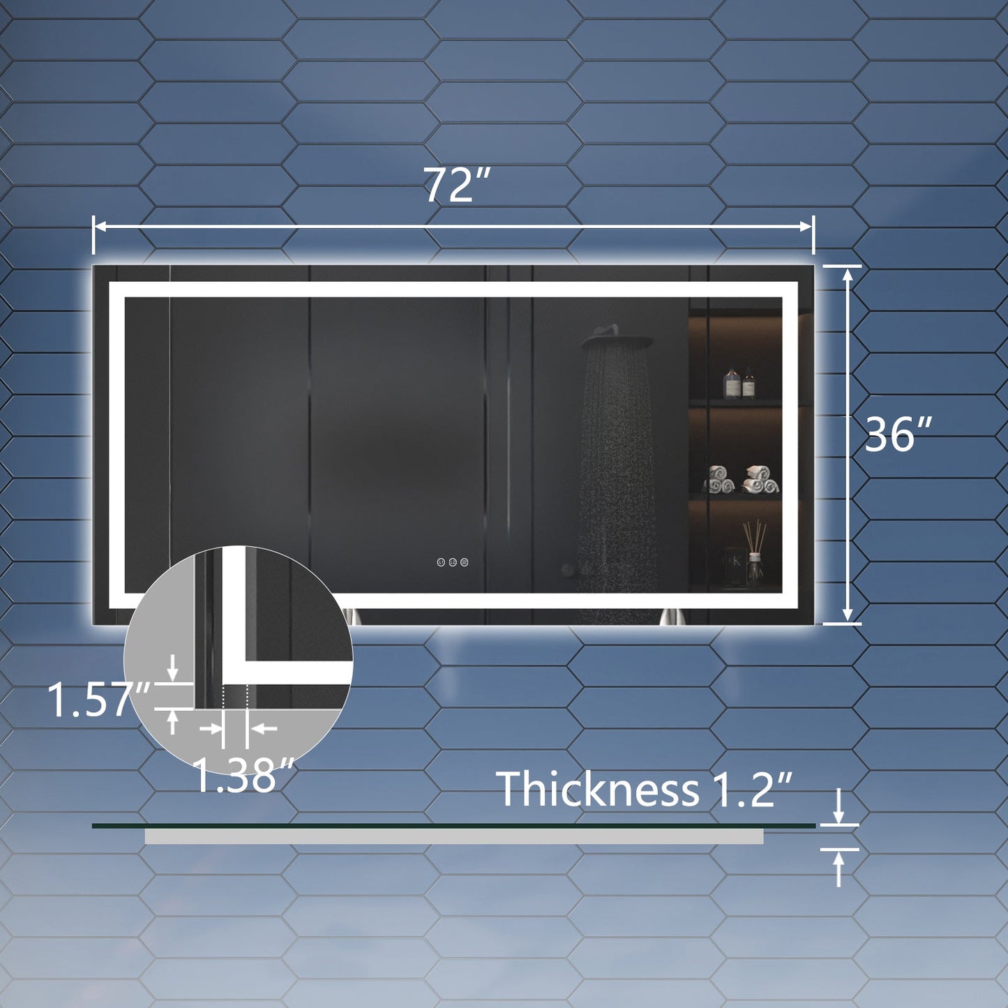 Apex-T 72" W x 36" H Lighted Bathroom Large Light Led Mirror,Anti Fog,Dimmable,Three Lighting Modes