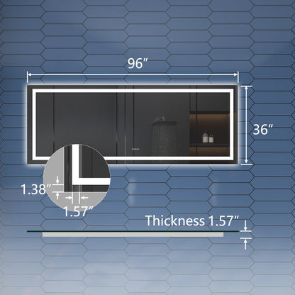 Apex 96" W x 36" H LED Bathroom Large Light Led Mirror,Anti Fog,Dimmable,Dual Lighting Mode,Tempered Glass