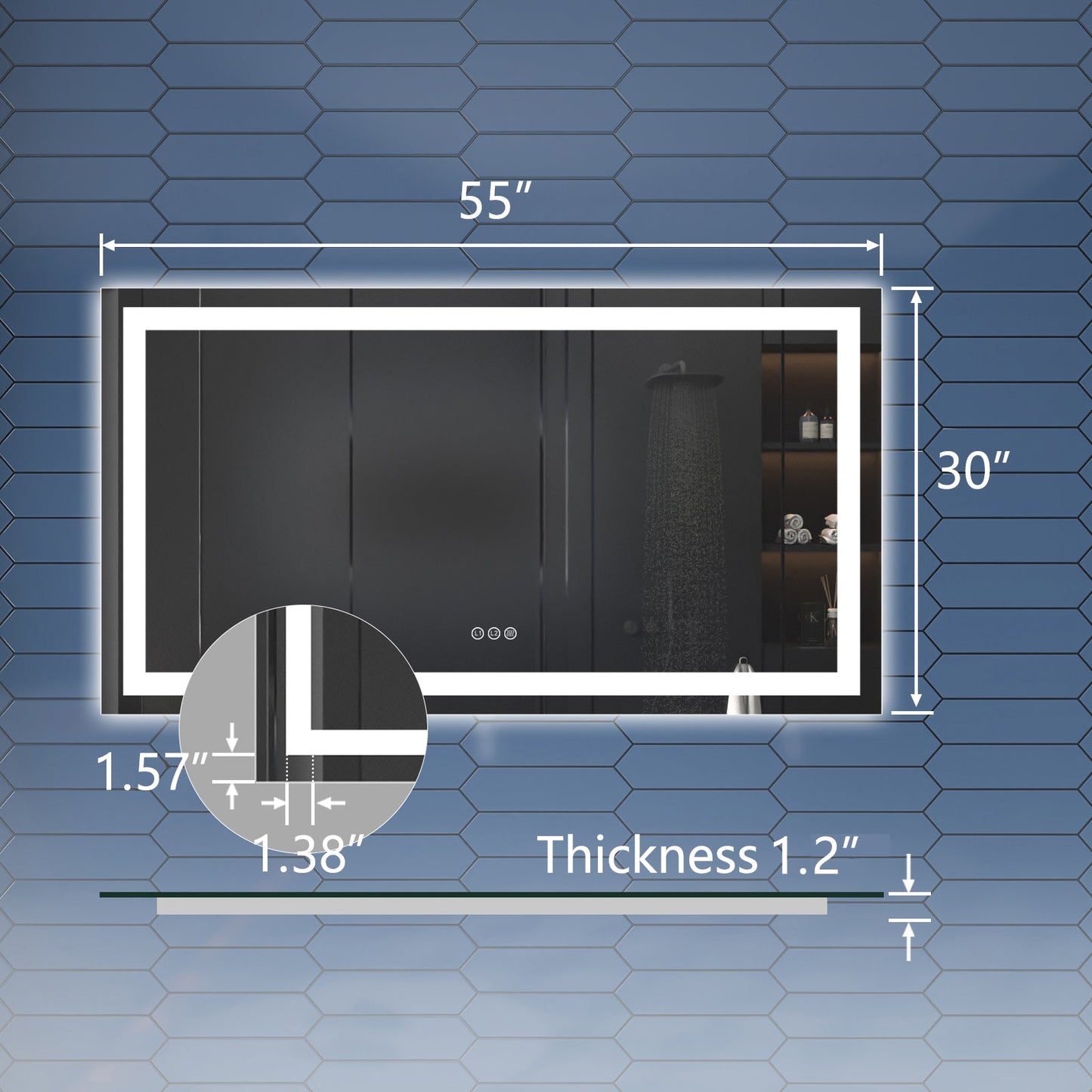 Apex-T 55" W x 30" H Lighted Bathroom Large Light Led Mirror,Anti Fog,Dimmable,Three Lighting Modes