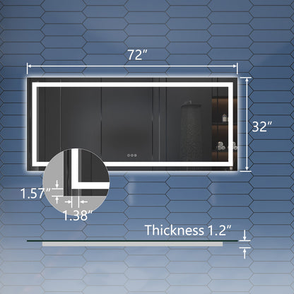 Apex-T 72" W x 32" H Lighted Bathroom Large Light Led Mirror,Anti Fog,Dimmable,Three Lighting Modes