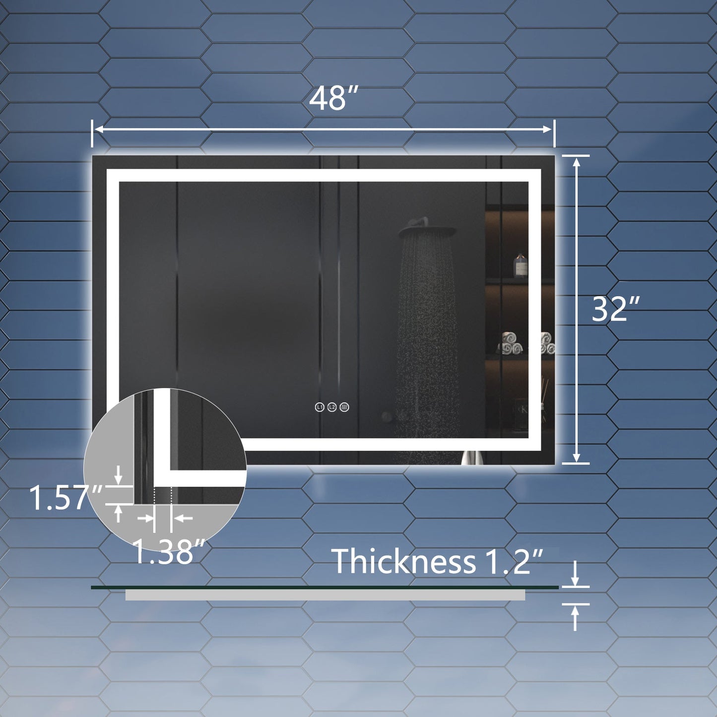 Apex-T 48" W x 32" H Lighted Bathroom Large Light Led Mirror,Anti Fog,Dimmable,Three Lighting Modes