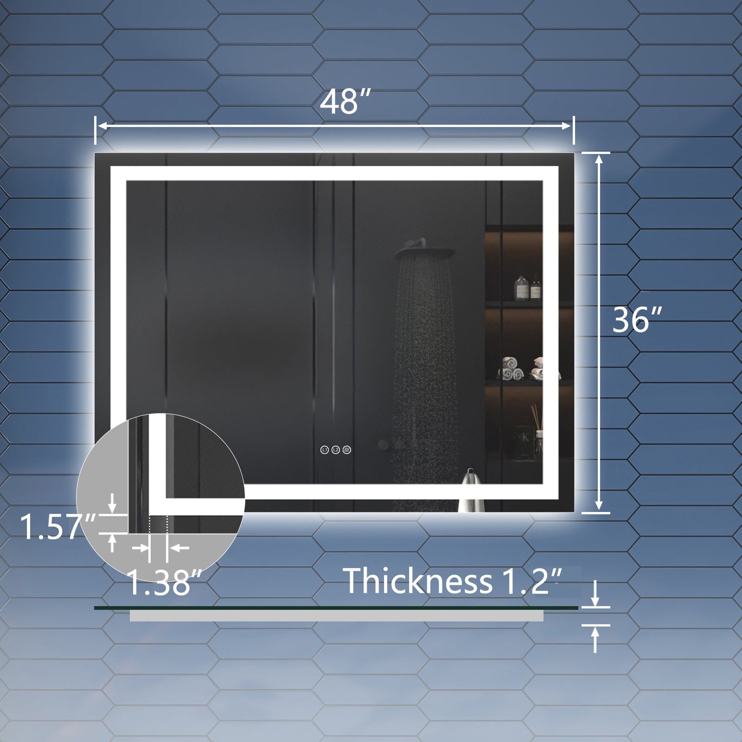 Apex-T 48" W x 36" H Lighted Bathroom Large Light Led Mirror,Anti Fog,Dimmable,Three Lighting Modes