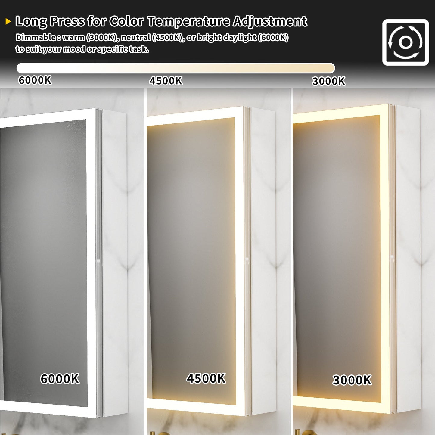 ExBrite 24"W x 30"H LED Medicine Cabinet with Anti-Fog, Stepless Color Temperature and Dimming, Adjustable Shelves, Aluminum Frame, Recessed or Surface Mount, Hinge on Left - ExBriteUSA