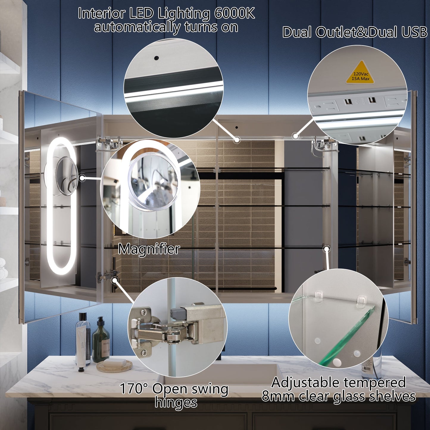 Illusion LED lighted bathroom medicine cabinet with mirror, magnifiers, dual light, USB ports, and wide-angle hinges.