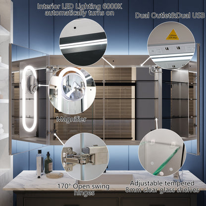 Illusion LED lighted bathroom medicine cabinet with mirror, magnifiers, dual light, USB ports, and wide-angle hinges.