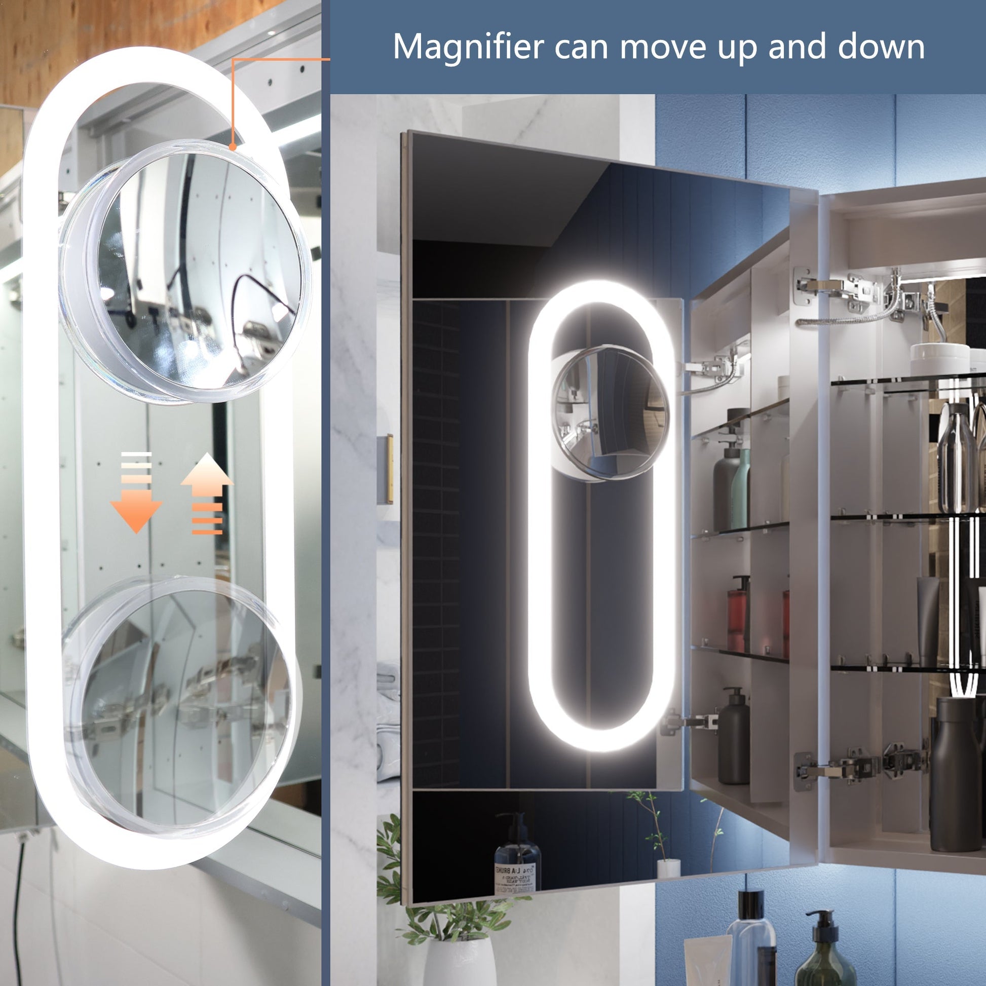 LED lighted medicine cabinet with magnifiers, featuring adjustable lighting, flexible installation, and versatile storage solutions for contemporary bathrooms.