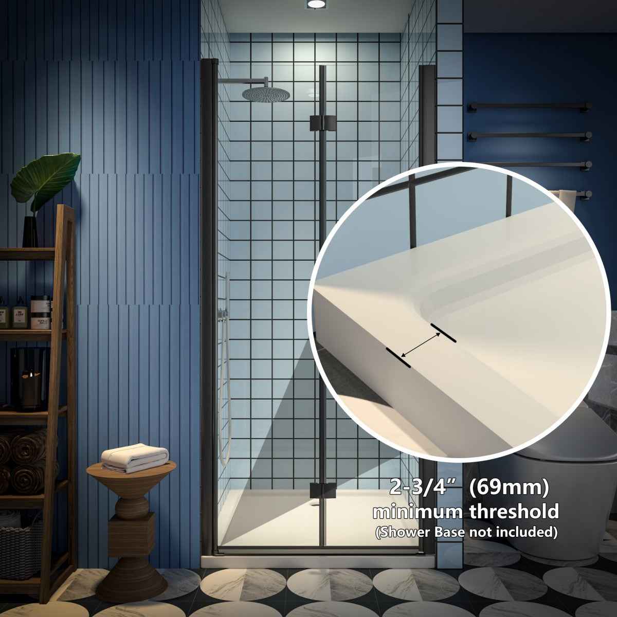 Exbrite Adapt Bifold Shower Door 34-36 in.W x 72 in.H Pivot Swing Shower Doors,Matte Black,Clear Tempered Glass