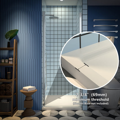 Classy semi-frameless chrome hinged shower door with handle, 30-32" W x 72" H; modern bathroom design.