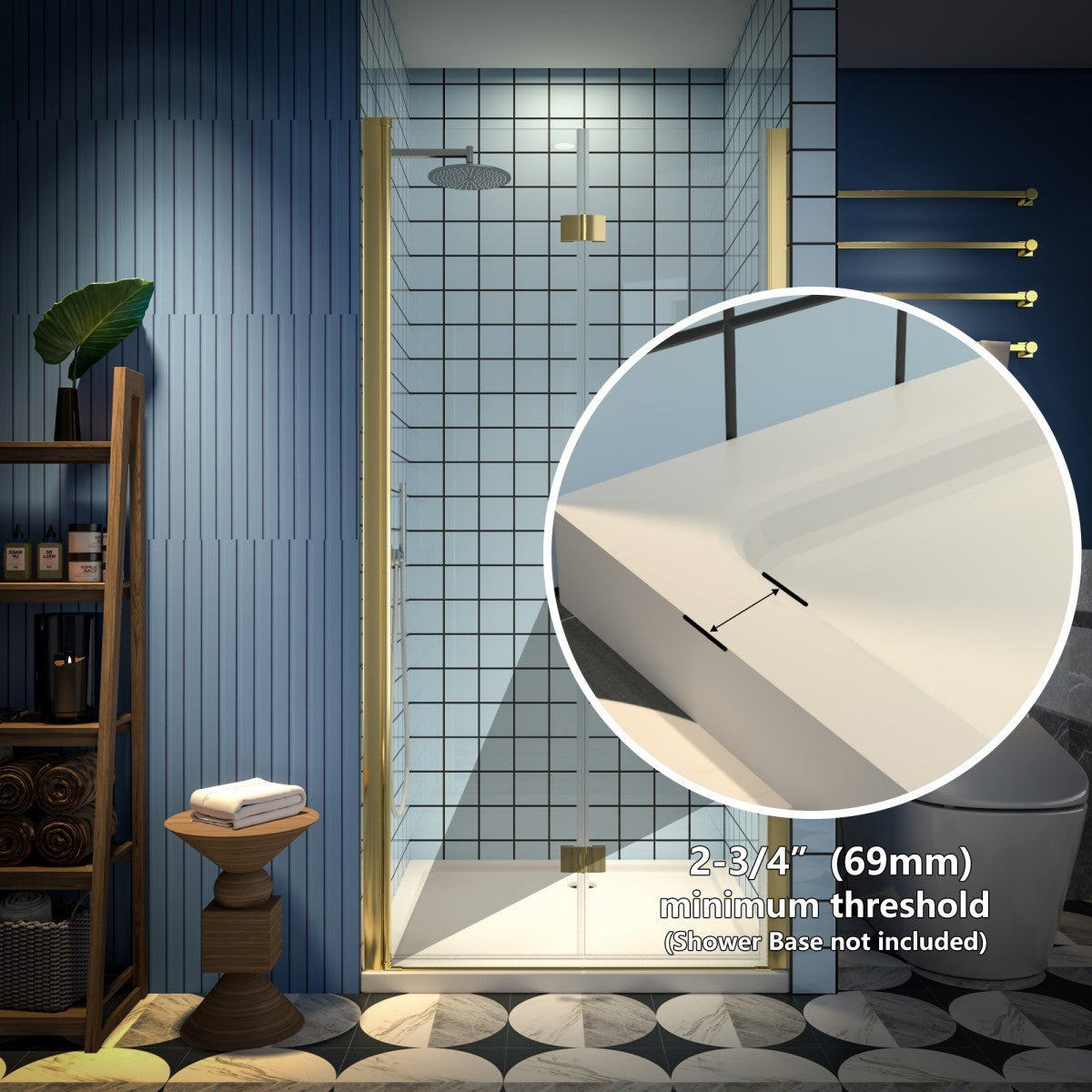 Exbrite Adapt Bifold Shower Door 36-38 in.W x 72 in.H Pivot Swing Shower Doors,Brushed Gold,Clear Tempered Glass - ExBriteUSA