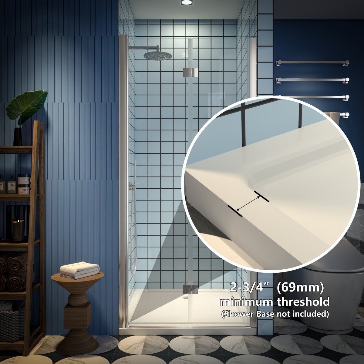 Exbrite Adapt Bifold Shower Door 34-36 in. x 72 in. Pivot Swing, Brushed Nickel, Clear Tempered Glass, Bathroom Installation.