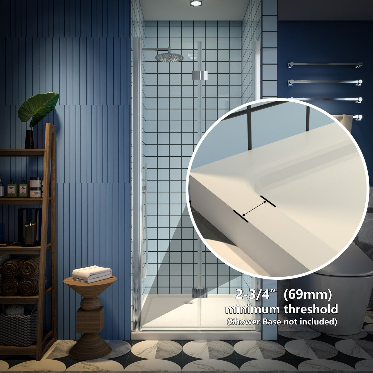 Exbrite Adapt Bifold Shower Door in chrome finish with clear tempered glass, featuring a 32-34 inch width and 72 inch height pivot swing design.