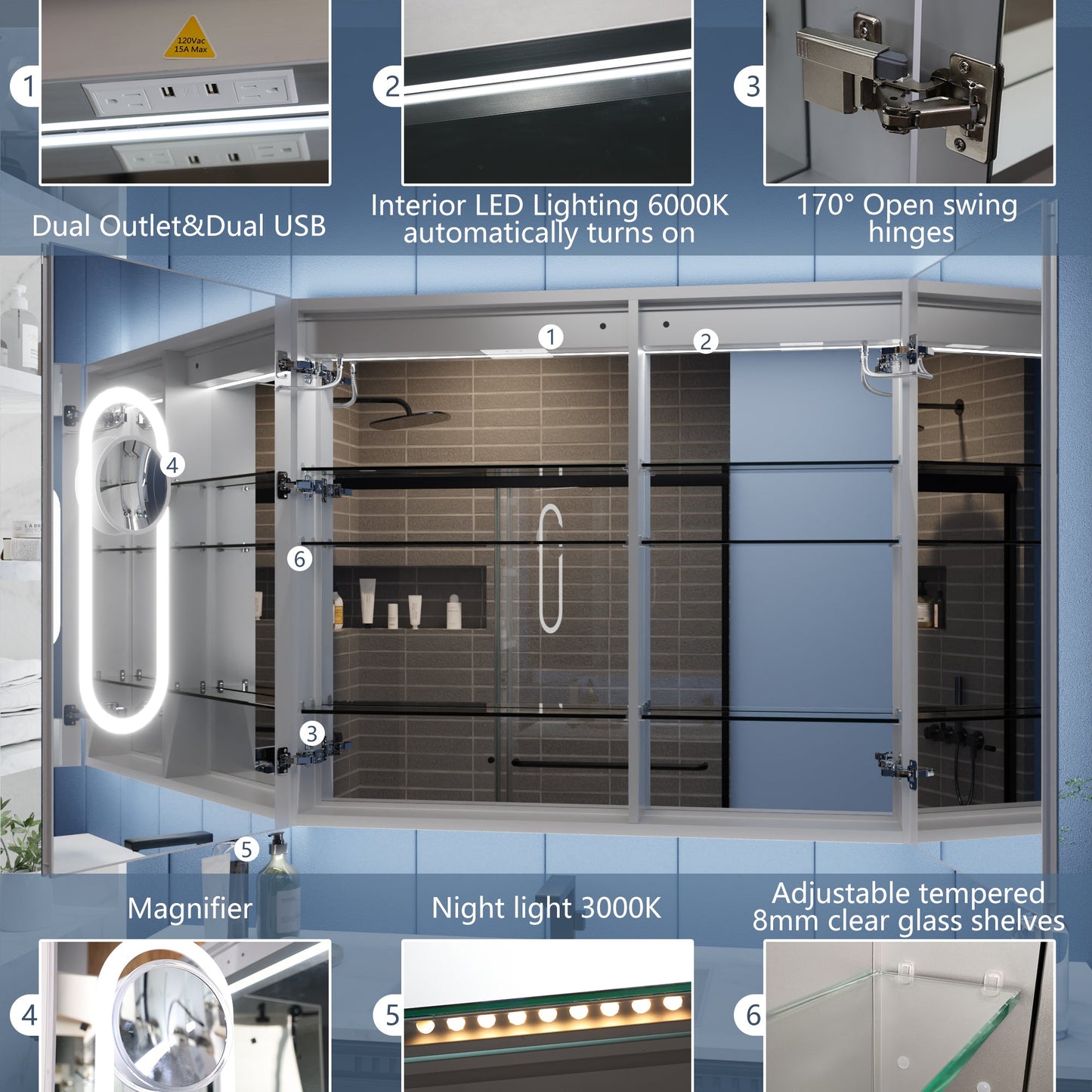 Illusion-B 40" x 32" LED Lighted Inset Mirrored Medicine Cabinet with Magnifiers Front and Back Light - ExBriteUSA