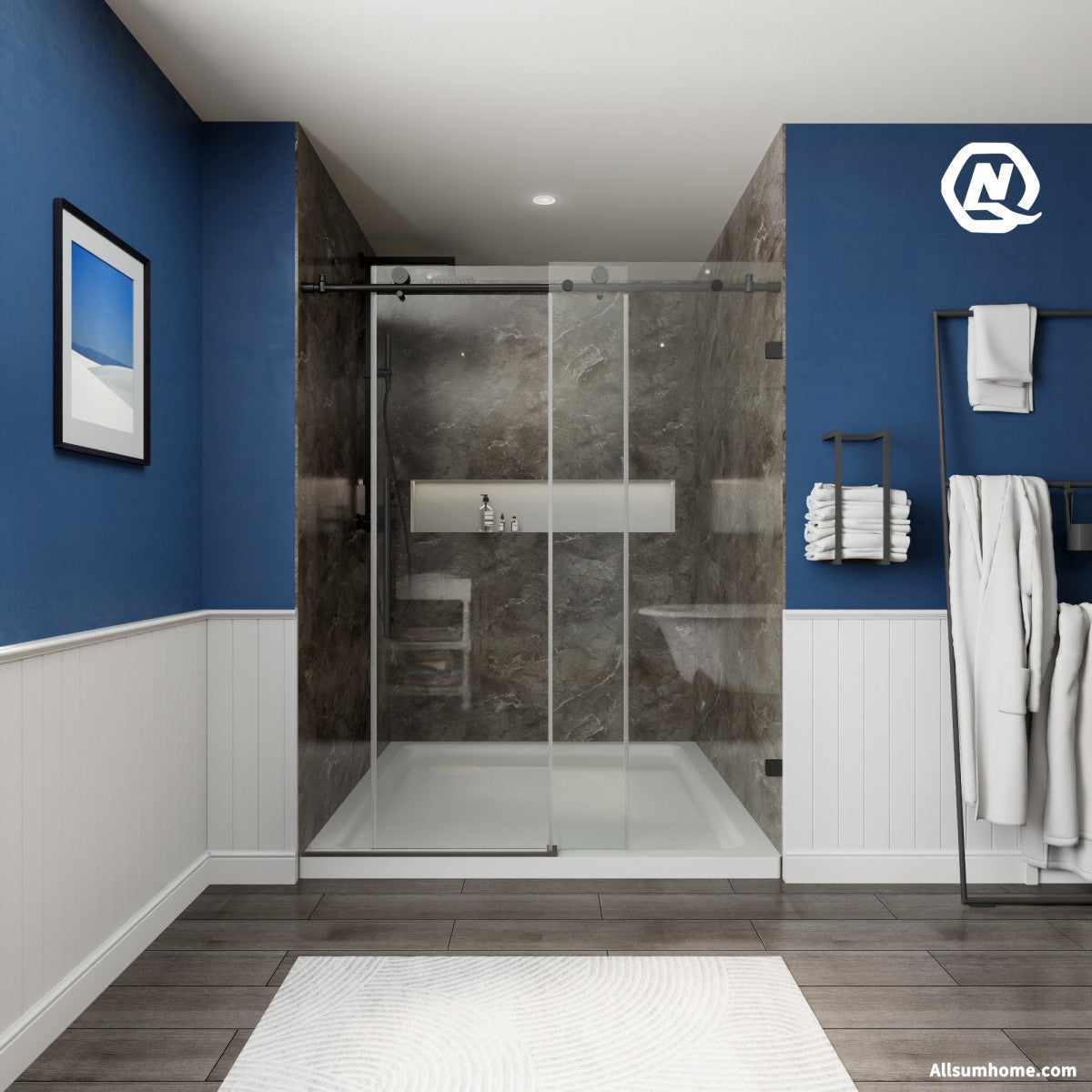 Anchor 56-60 in. W x 74 in. H Frameless Tall Shower Door Sliding Walk-in Shower Design with 8mm thick Clear Glass,Black - ExBriteUSA