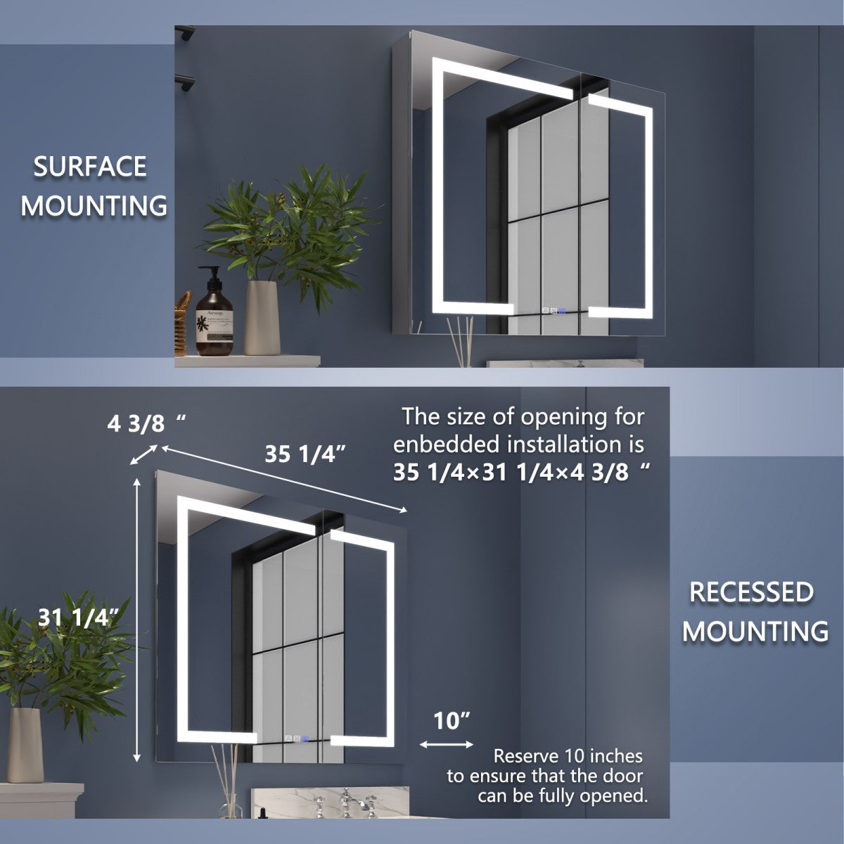 Boost-M2 36" W x 32" H Bathroom Light Medicine Cabinets Recessed or Surface Defogger, Dimmer, Outlets & USB