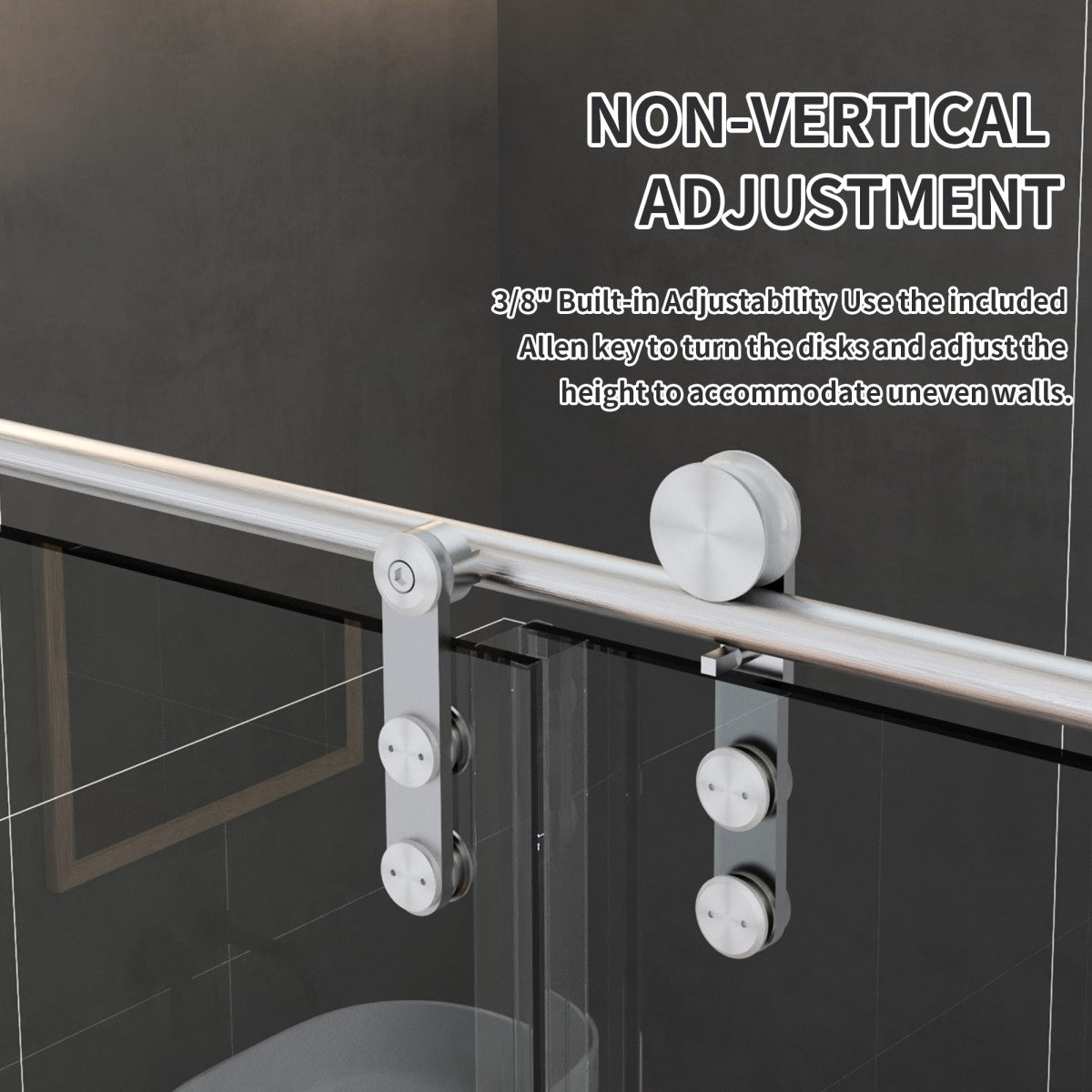 Glass door with adjustable metal mechanism on a black background