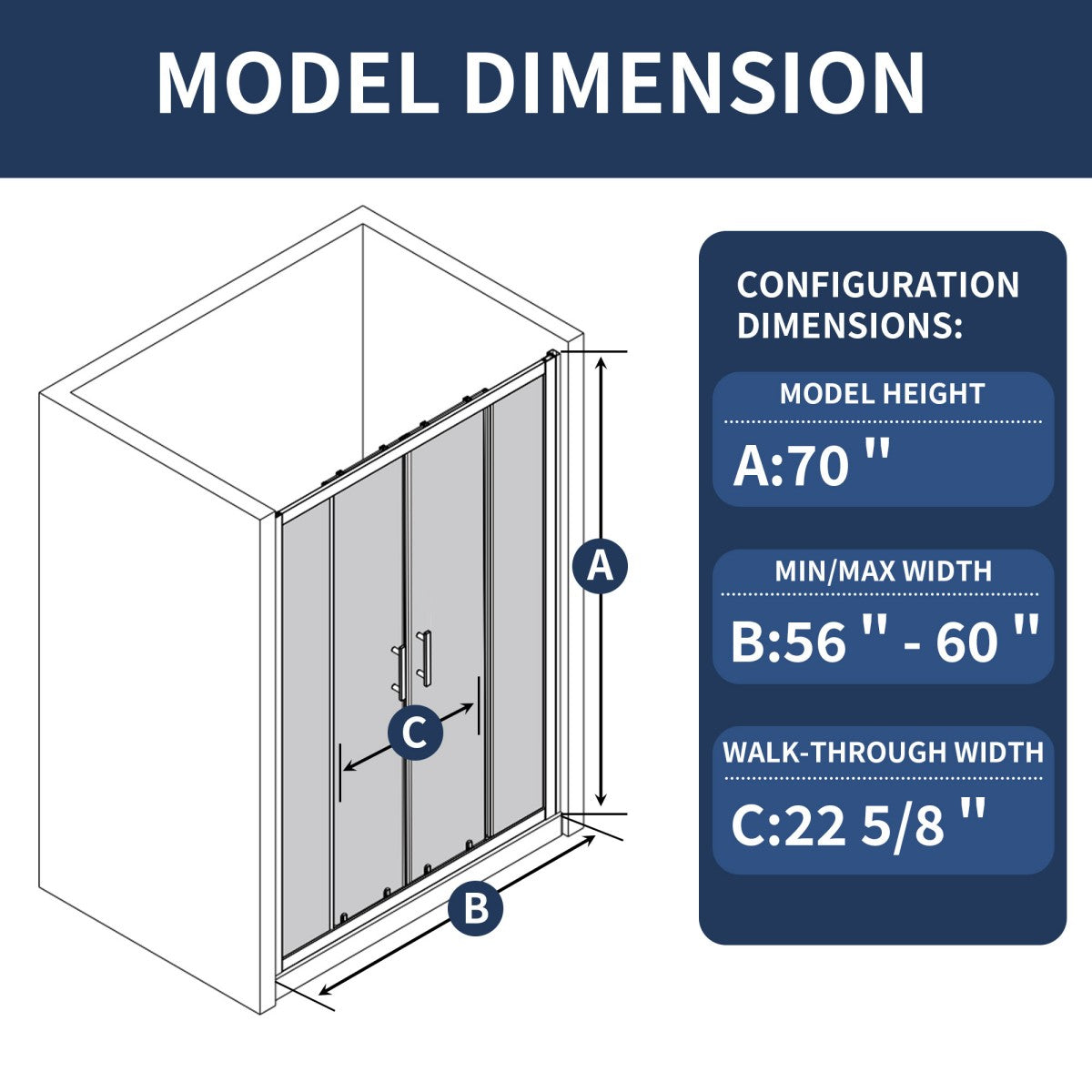 Holden 56-60"W x 70"H Easy Clean Shatter Proof Double Framed Sliding Shower Door with 1/4" (6mm) Clear SGCC Tempered Glass,Matte Black Finish