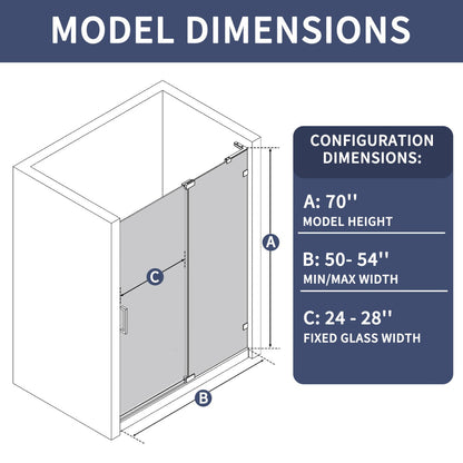 Flexi-L 50-54" W X 70" H Bathroom Glass Shower Doors,Semi-Frameless Brushed Gold,Tempered Glass Shower Door With Handle