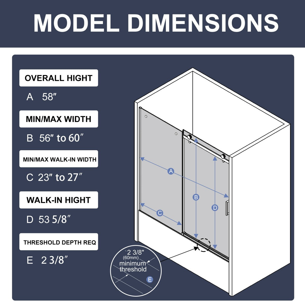 Zephyr 56-60" Semi-Frameless Single Sliding Tub Door,Matte Black,Bypass Bathtub Shower Tempered Glass Door with Explosion-Proof Film