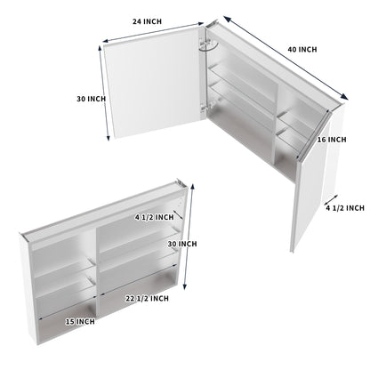 ExBrite 40"W x 30"H LED Medicine Cabinet with Anti-Fog, Stepless Color Temperature and Dimming, Adjustable Shelves, Aluminum Frame, Recessed or Surface Mount - ExBriteUSA