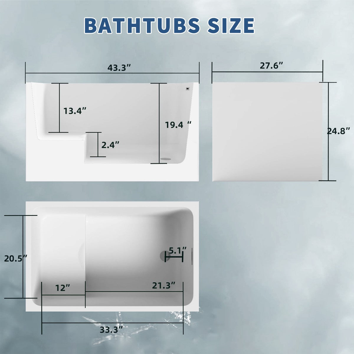 SQ-S Exbrite 43' Acrylic Freestanding Bathtub with seat,Spacious rectangle Shape, Gloss White Finish, Chrome Overflow & Pop-Up Drain - ExBriteUSA