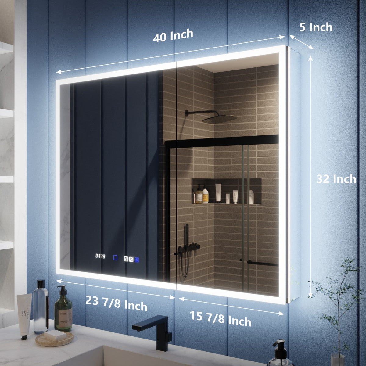 Measurement chart of a bathroom mirror with dimensions labeled