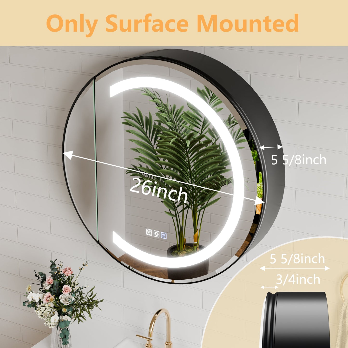Hola 26" Round LED Medicine Cabinet �C Black Frame, Anti-Fog, Dimmable Lighting, Surface Mount - ExBriteUSA