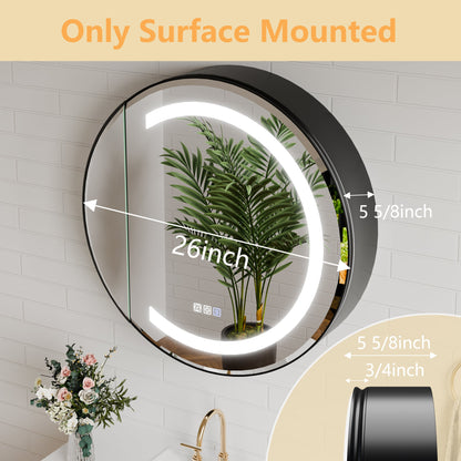 Hola 26" Round LED Medicine Cabinet �C Black Frame, Anti-Fog, Dimmable Lighting, Surface Mount - ExBriteUSA