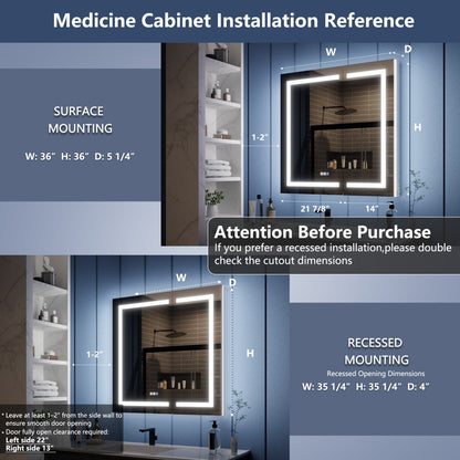 Illusion-B 36" x 36" LED Lighted Inset Mirrored Medicine Cabinet with Magnifiers Front and Back Light