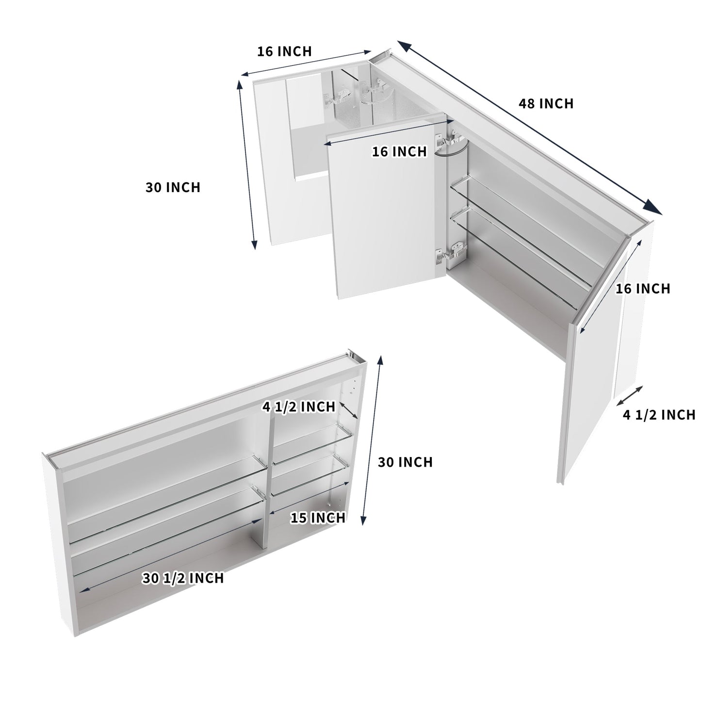 ExBrite 48"W x 30"H LED Medicine Cabinet with Anti-Fog, Stepless Color Temperature and Dimming, Adjustable Shelves, Aluminum Frame, Recessed or Surface Mount - ExBriteUSA