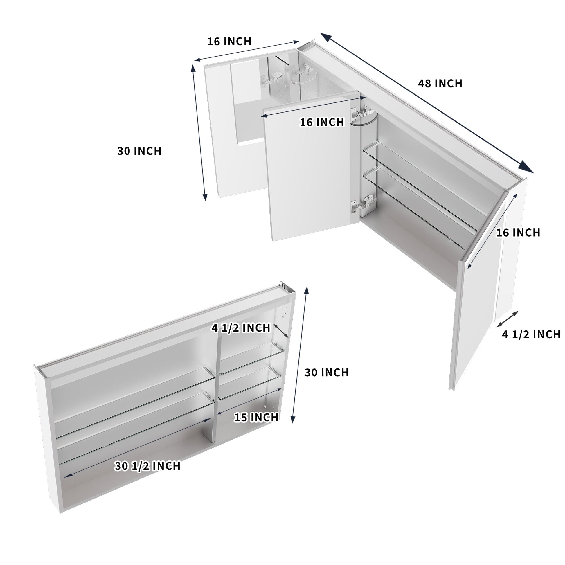 ExBrite 48"W x 30"H LED Medicine Cabinet with Anti-Fog, Stepless Color Temperature and Dimming, Adjustable Shelves, Aluminum Frame, Recessed or Surface Mount - ExBriteUSA