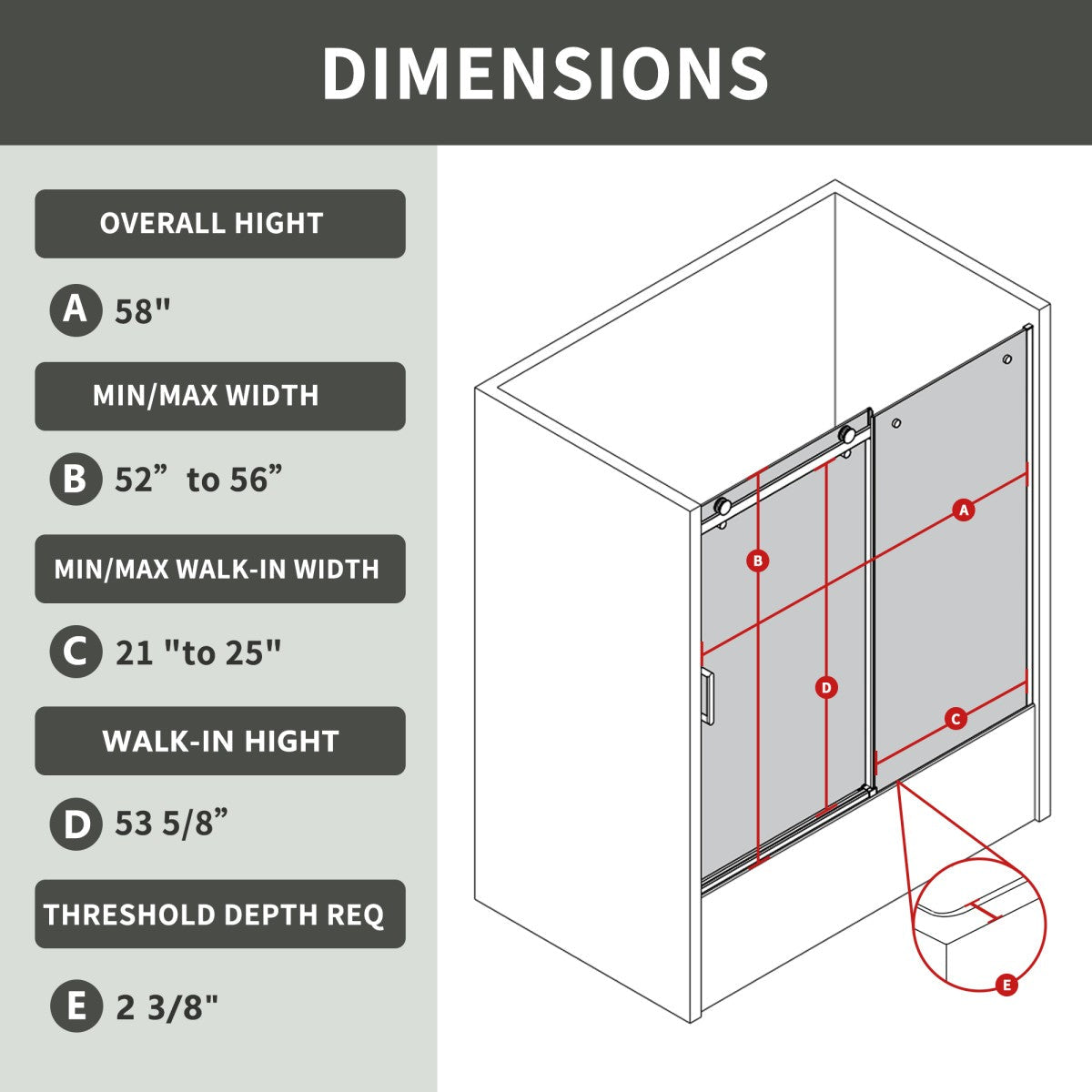 Zephyr 52-56" Semi-Frameless Single Sliding Tub Door,Chrome,Bypass Bathtub Shower Tempered Glass Door with Explosion-Proof Film - ExBriteUSA