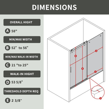 Zephyr 52-56" Semi-Frameless Single Sliding Tub Door,Chrome,Bypass Bathtub Shower Tempered Glass Door with Explosion-Proof Film - ExBriteUSA