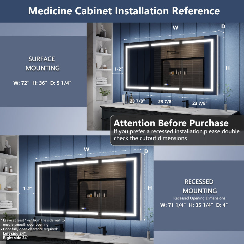 Illusion-B 72" x 36" LED Lighted Recessed Bathroom Medicine Cabinet with Magnifiers Front and Back Light
