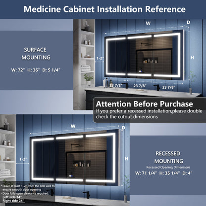 Illusion-B 72" x 36" LED Lighted Recessed Bathroom Medicine Cabinet with Magnifiers Front and Back Light