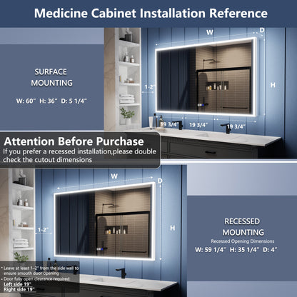 Illusion 60" x 36" LED Lighted Medicine Cabinet with Magnifiers Front and Back Light