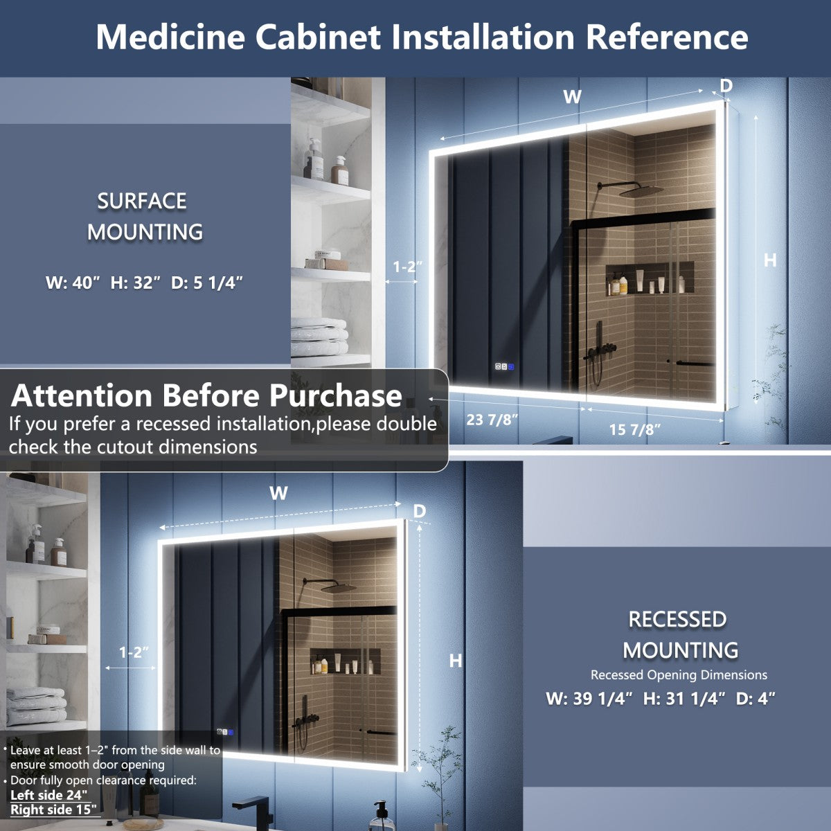 Illusion 40" x 32" LED Medicine Cabinet with Lights, Magnifiers Front and Back Light
