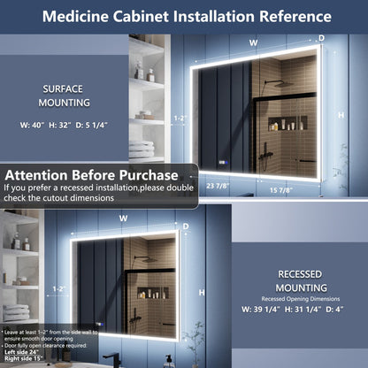 Illusion 40" x 32" LED Medicine Cabinet with Lights, Magnifiers Front and Back Light