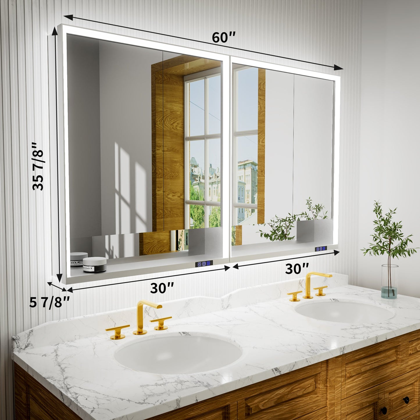 Ample 60" W x 36" H Wall Mounted Bathroom Medicine Cabinets with LED Light, Mirror, and Shelves for Recessed or Surface Mount
