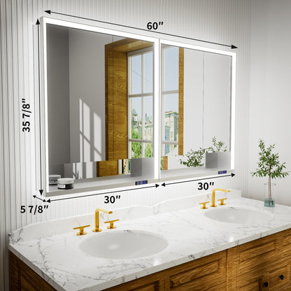 Ample 60" W x 36" H Wall Mounted Bathroom Medicine Cabinets with LED Light, Mirror, and Shelves for Recessed or Surface Mount