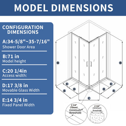 Haven-S 36" x 72" Corner Shower Enclosure,6mm Clear Glass,Double Sliding Shower Doors,Matte Black,Not Base,Adjustable