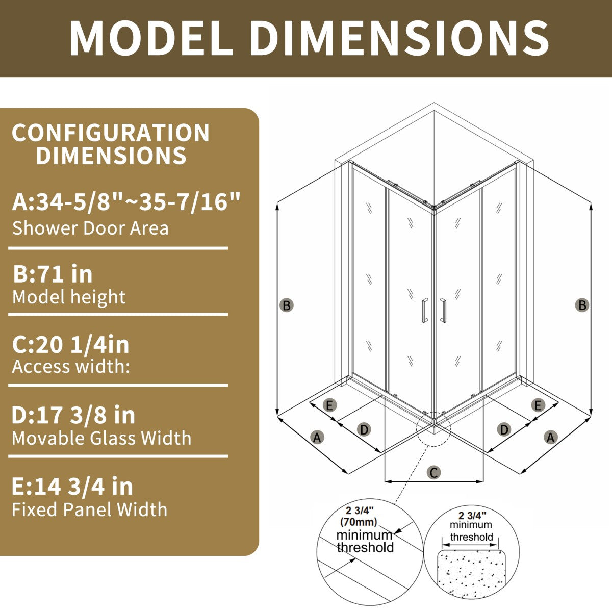 Haven-S 36" x 72" Corner Shower Enclosure,6mm Clear Glass,Double Sliding Shower Doors,White,Not Base,Adjustable