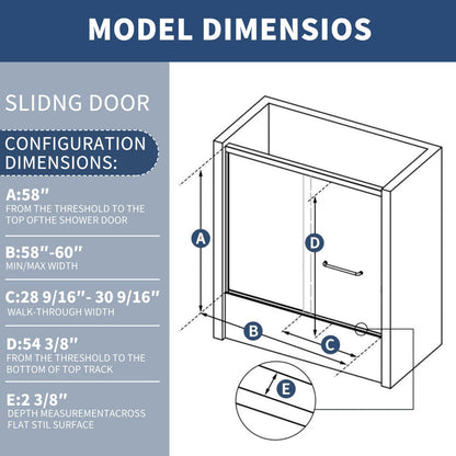 Glide-Bpro 58-60 in. Framed Double Sliding Tub Door,Bypass Bathtub Shower Tempered Glass Door,Matte Black,Explosion-Proof Film