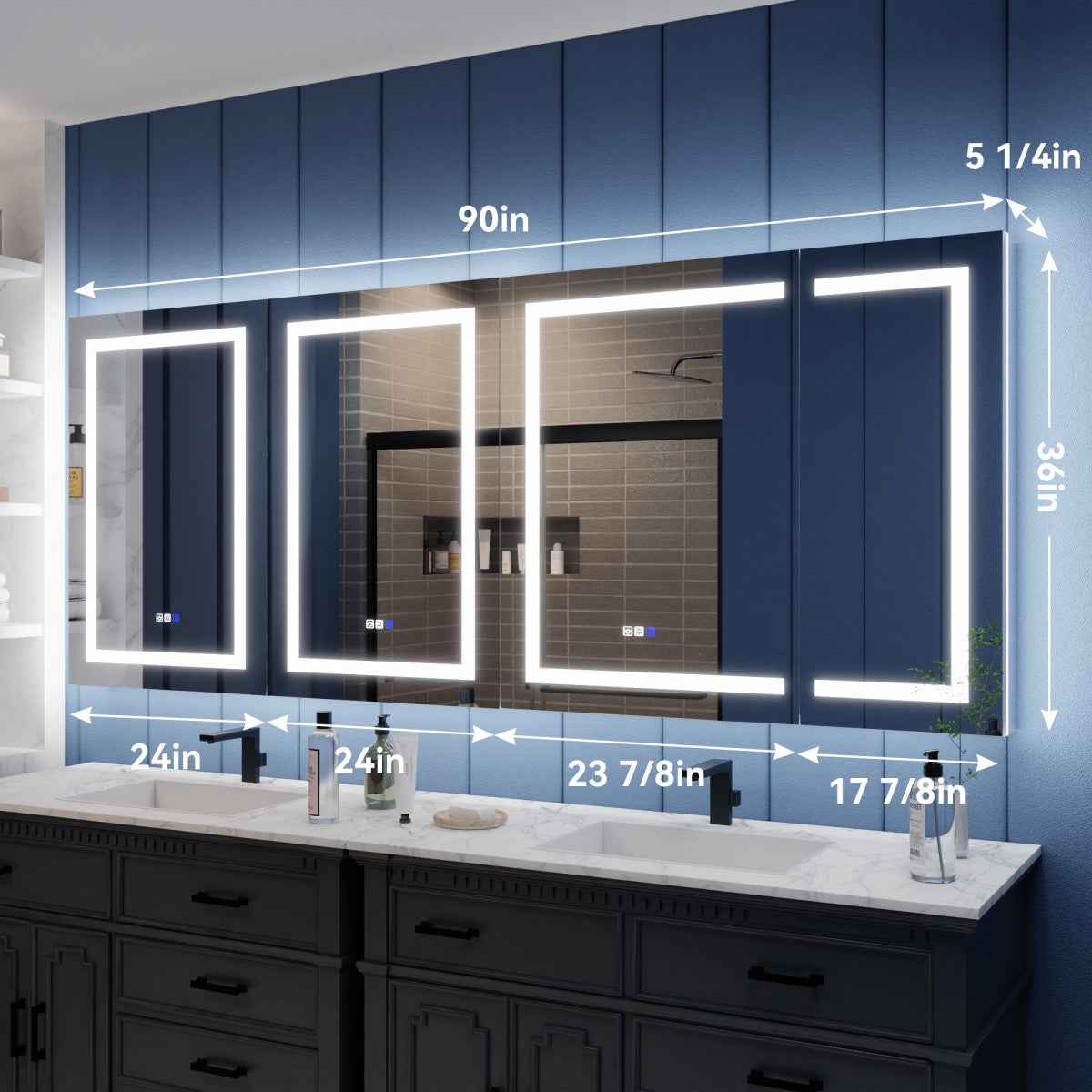Illusion-B 90" x 36" Medicine Cabinets with LED Lights with Magnifiers Front and Back Light