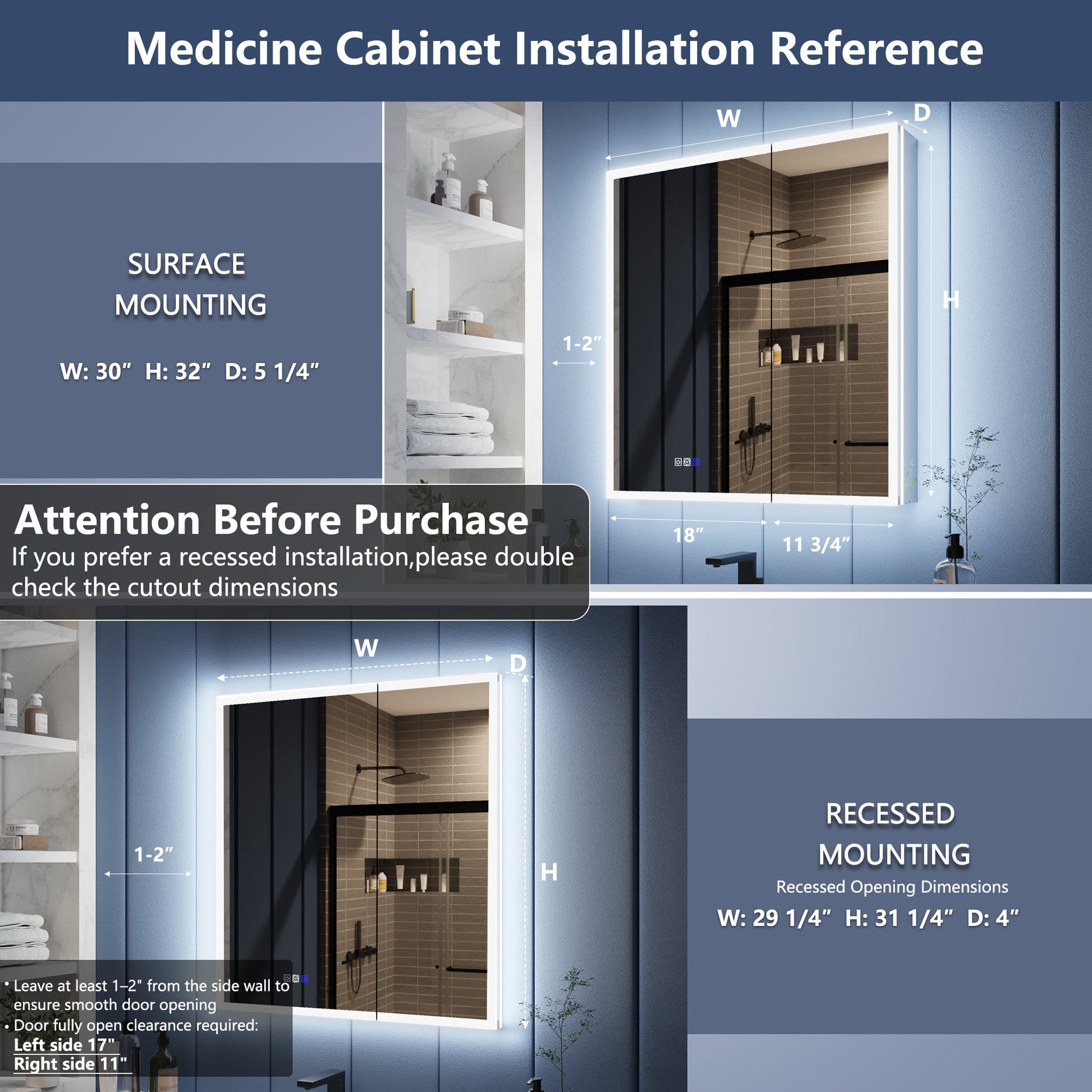 Medicine cabinet installation reference with dimensions and mounting options.