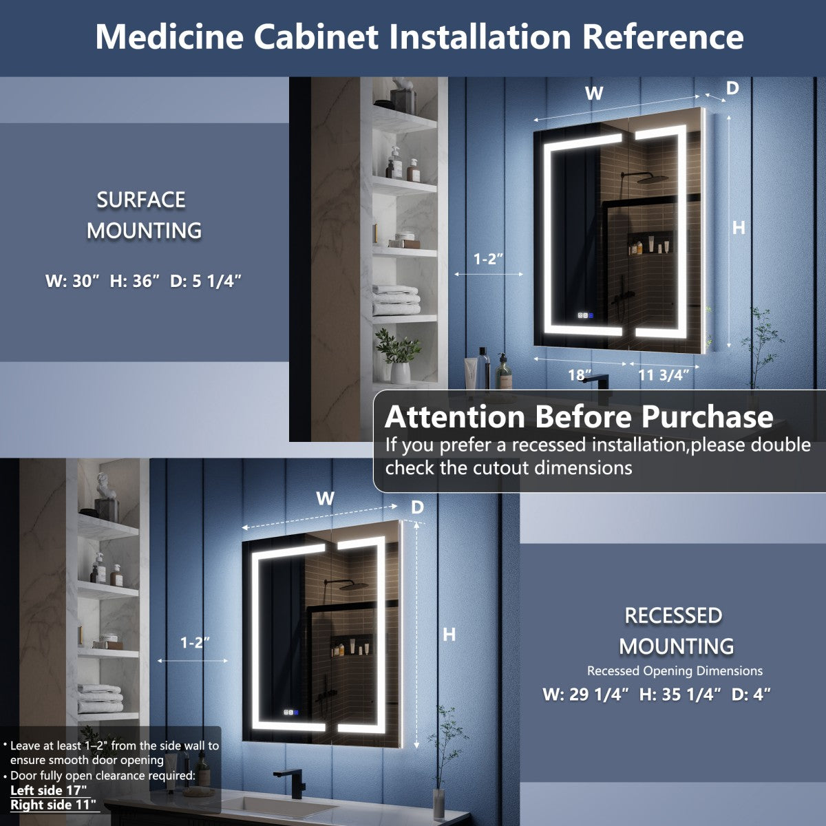 Medicine cabinet installation reference with dimensions and mounting options.
